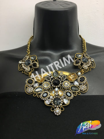 Gold Tribal Necklace with Rhinestones, NEK-049
