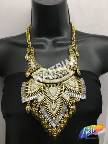 Gold Tribal Necklace with Rhinestones, NEK-058