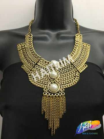 Gold Tribal Necklace with Rhinestones, NEK-061