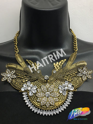 Gold Tribal Necklace with Rhinestones, NEK-063