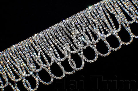2" Silver/Crystal Dangling Loop Rhinestone Fringe, RF-055