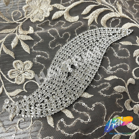 Silver Crystal Rhinestone Motif Applique on Metal Setting, NL-029