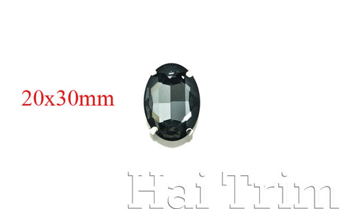 20x30mm Black Diamond Oval Sew-on Rhinestones w/ Metal Setting