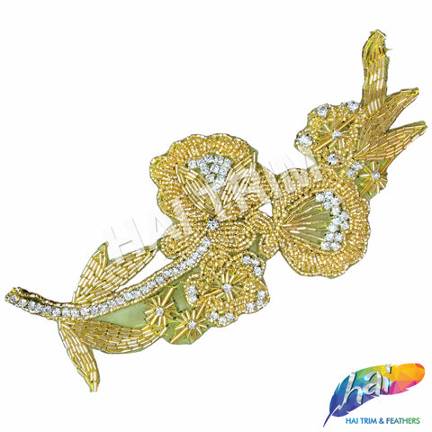 Gold Beaded Rhinestone Flower Motif Applique, RA-061