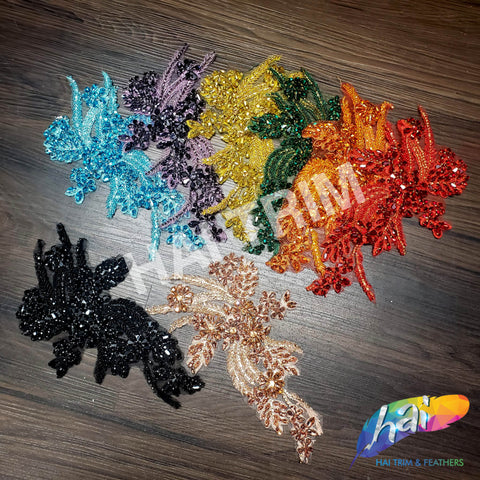 SALE! Flower Beaded Rhinestone Motif Applique on Lace (Sold by Pair), RA-300