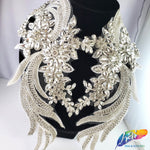 SALE! Flower Beaded Rhinestone Motif Applique on Lace (Sold by Pair), RA-301
