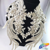 SALE! Flower Beaded Rhinestone Motif Applique on Lace (Sold by Pair), RA-301
