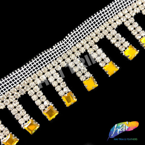 SALE! 1 1/2" Crystal Rhinestone Fringe with Acrylic Square Stones, RF-108