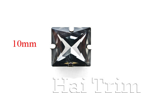10x10mm Black Diamond Square Sew-on Rhinestones w/ Metal Setting