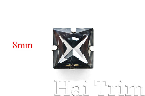 8x8mm Black Diamond Square Sew-on Rhinestones w/ Metal Setting