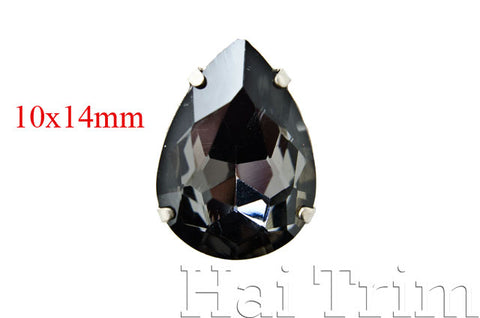 10x14mm Black Diamond Teardrop Sew-on Rhinestones w/ Metal Setting