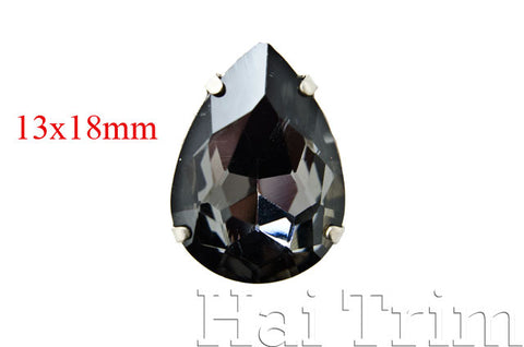 13x18mm Black Diamond Teardrop Sew-on Rhinestones w/ Metal Setting