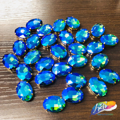 18x25mm Blue Green Oval Sew-on Rhinestones w/ Metal Setting (4 pieces)