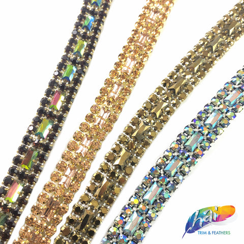 SALE! 5/8" 3-row Colored Rhinestone Trim with Rectangle Stones, QL-147