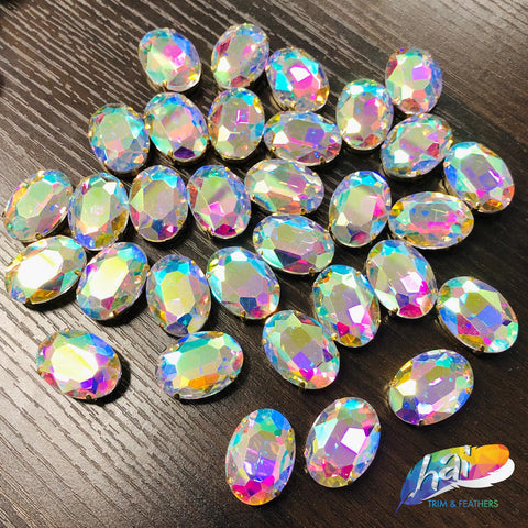 18x25mm Crystal AB Oval Sew-on Rhinestones w/ Gold Metal Setting (4 pieces)