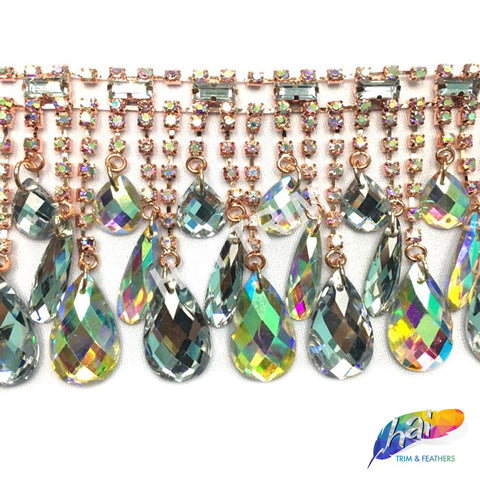 3 1/4" Rose Gold AB Teardrop Rhinestone Fringe, RF-100