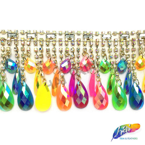 3 1/4" Multicolored Neon Teardrop Rhinestone Fringe, RF-100