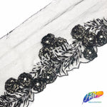 6 3/8" Black Flower Embroidered Trim with Rhinestones, EMB-053