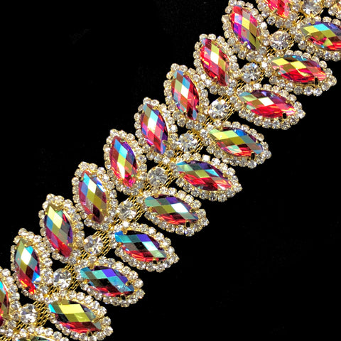 SALE! 1 1/2” 2-row Red AB Navette Iridescent Fancy Rhinestone Trim, YH-096