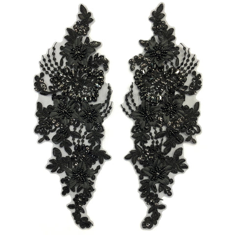 Black Beaded Rhinestone Flower Applique, LAP-39