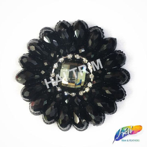 Black Flower Beaded Rhinestone Applique, BA-013