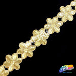 1 1/4” Gold Metallic Embroidered Flower Trim, EMB-025