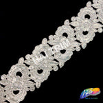 3 3/8" Silver Metallic Diagonal Eye Embroidered Trim with Rhinestones, EMB-030