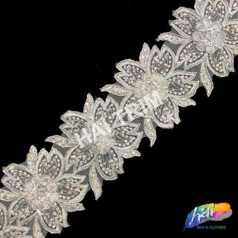 3" Silver Grey Lace Flower Embroidered Trim with Rhinestones, EMB-036
