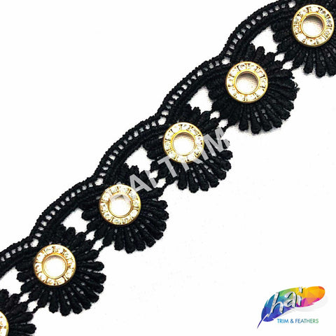 1 1/4" Black Leaf Embroidered Trim with Gold Rhinestone Ring, EMB-057