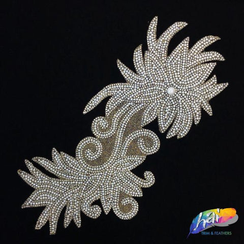 Gold/White Crystal Rhinestone Motif Iron On Applique, IRA-065