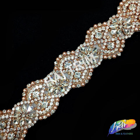 Crystal Rhinestone Rose Gold Beaded Pearl Trim