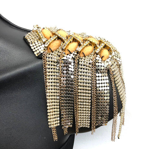 Yellow/Gold Beaded Rhinestone Chain Epaulets with Dangling Chain & Chainmail Tassel, EP-025 (sold per piece)