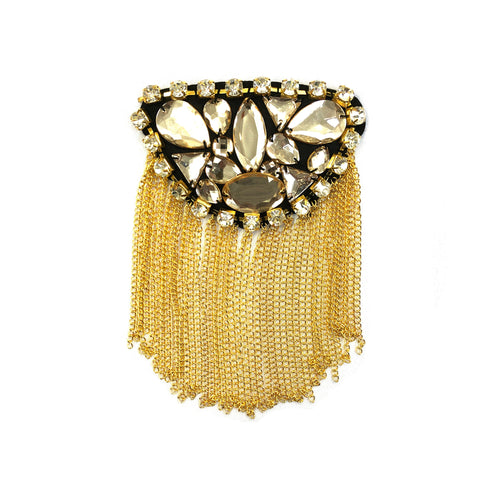 Light Yellow Beaded Rhinestone Epaulet with Dangling Chain Tassels, EP-015 (sold per piece)