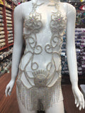 Rhinestone Flower Bodice Applique with Rhinestone Cupchain Fringe, RCN-002