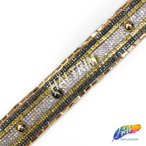 1 1/4” Multicolored Metallic Rhinestone Iron on Trim with Metallic Flatback Beads, IRT-044