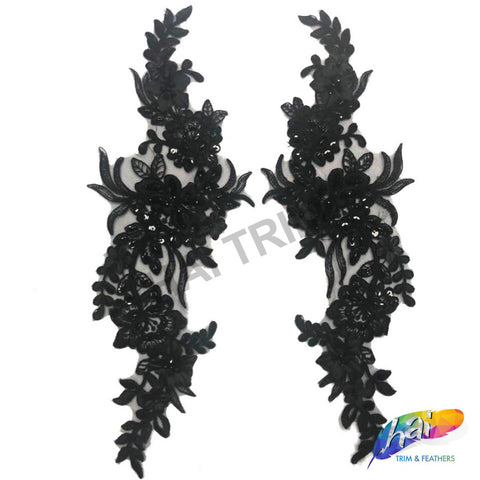 Black Beaded Sequins Lace Applique, LAP-25