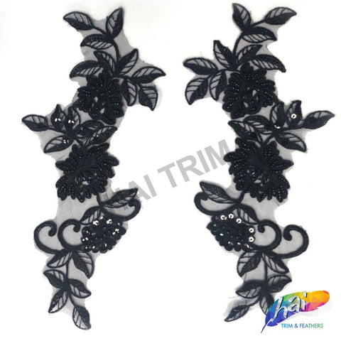Black Beaded Sequins Embroidered Applique, LAP-28