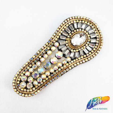 Gold Iridescent Rhinestone Applique on Black Mesh, BA-028