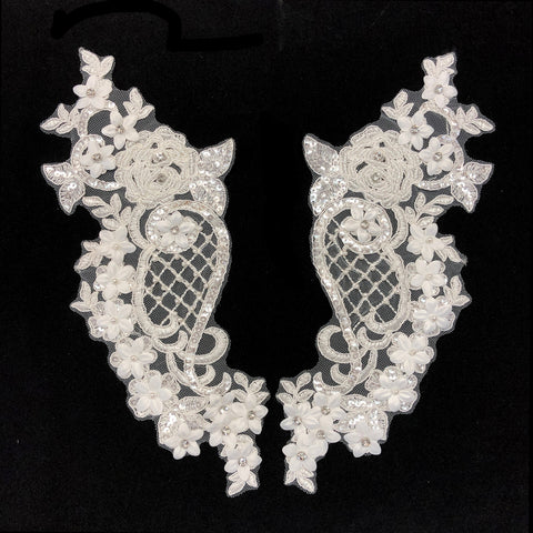 White Beaded Lace Flower Applique with Rhinestones, LAP-38