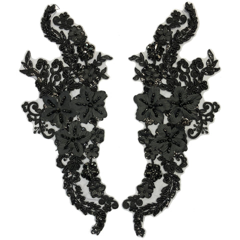 Black Beaded Rhinestone Flower Applique, LAP-40