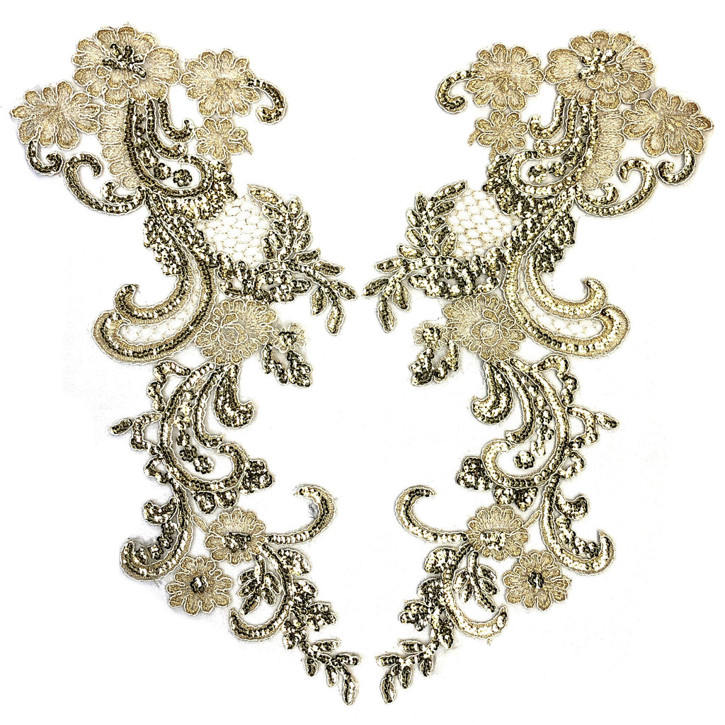 Light Gold Sequins Lace Applique (sold by pair), LAP-41 Hai Trim & Feathers Light Gold Sequins Lace Applique (sold by pair), LAP-41 Hai Trim & Feathers