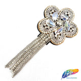 Flower Beaded Rhinestone Applique with Dangling Rhinestone Fringe, BA-025