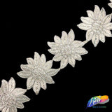 3 5/8" Metallic Flower Embroidered Trim with Rhinestones, EMB-028