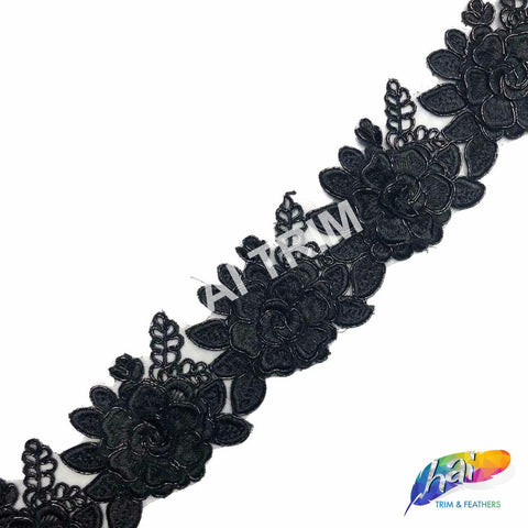 2 1/2" Black Flower Embroidered Trim, EMB-034