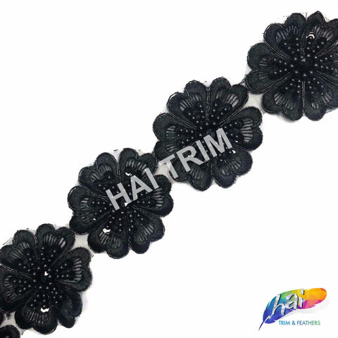 2 3/4" Black Beaded Flower Embroidered Trim, EMB-041