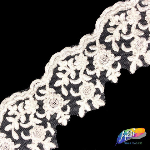 3 3/8" White Flower Embroidered Lace Trim, EMB-045