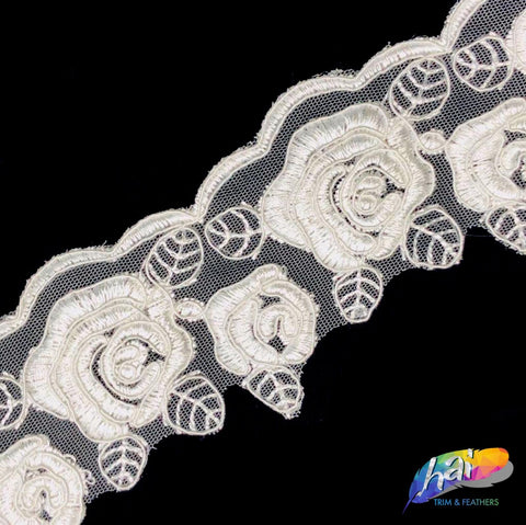 2 5/8" White Flower Embroidered Lace Trim, EMB-046