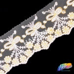 3 3/8" White/Yellow Flower Embroidered Lace Trim, EMB-048