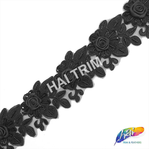 3" Black Beaded Flower Embroidered Trim, EMB-059