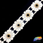 2" Embroidered Flower Trim with Gold Rhinestone Ring, EMB-055